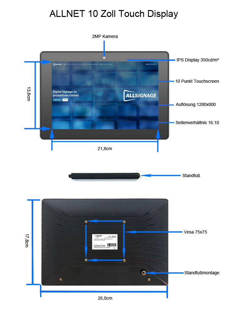 ALLNET Touch Display Tablet 10 Zoll PoE mit 4GB/32GB, RK3568 Android 13,PrimeOne-100